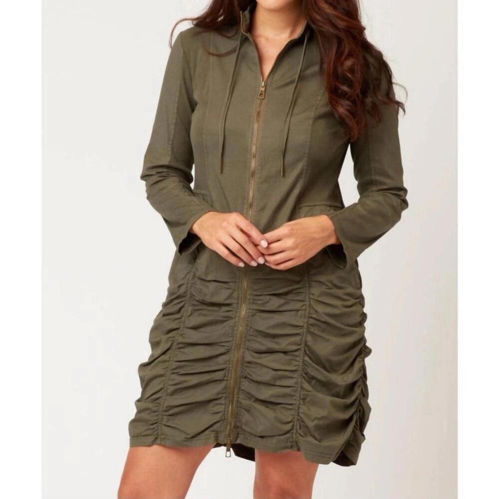 XCVI Wearables Gray Ruched Zip Front Dress NWT Stretchy Artsy Modern Sz L Grunge - Picture 2 of 9